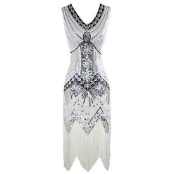 1920s Sleeveless V Neck Sequin Inspired Cocktail Fringed Flapper Dress N14900