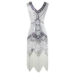 1920s Sleeveless V Neck Sequin Inspired Cocktail Fringed Flapper Dress N14900