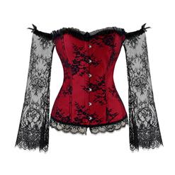 Women's Fashion Plastic Boned Red Overbust Corset with Long Floral Lace Sleeve N14918