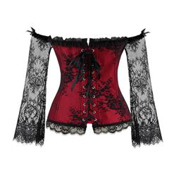 Women's Fashion Plastic Boned Red Overbust Corset with Long Floral Lace Sleeve N14918