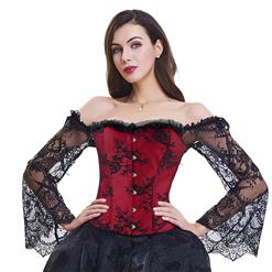 Women's Fashion Plastic Boned Red Overbust Corset with Long Floral Lace Sleeve N14918