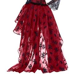 Victorian Gothic Red Elastic High-low Organza Skirt N14919
