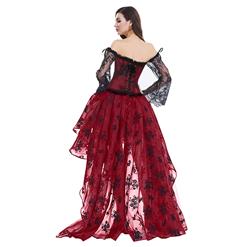 Women's Fashion Plastic Boned Red Overbust Long Floral Lace Sleeve Corset Organza Skirt Set N14920