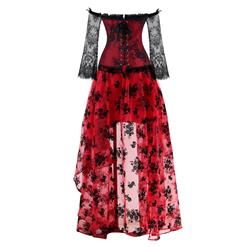 Women's Fashion Plastic Boned Red Overbust Long Floral Lace Sleeve Corset Organza Skirt Set N14920