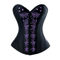 Women's Black Classcial Vintage Floral Embroidery Steel Boned Overbust Corset N14948