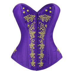 Women's Purple Classcial Vintage Floral Embroidery Steel Boned Overbust Corset N14949