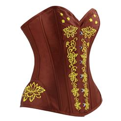 Women's Brown Classcial Vintage Floral Embroidery Steel Boned Overbust Corset N14950