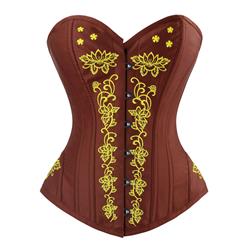 Women's Brown Classcial Vintage Floral Embroidery Steel Boned Overbust Corset N14950