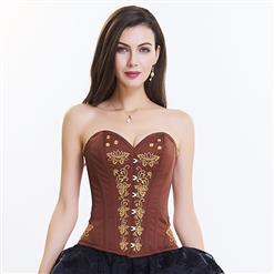 Women's Brown Classcial Vintage Floral Embroidery Steel Boned Overbust Corset N14950