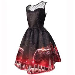 Women's Round Neck Sleeveless Printed Flared Cocktail Party Christmas Dress N14993