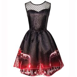 Women's Round Neck Sleeveless Printed Flared Cocktail Party Christmas Dress N14993