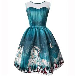 Women's Round Neck Sleeveless Printed Flared Cocktail Party Christmas Dress N14994