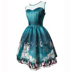 Women's Round Neck Sleeveless Printed Flared Cocktail Party Christmas Dress N14994