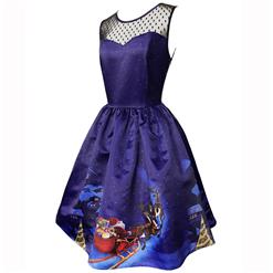 Women's Round Neck Sleeveless Printed Flared Cocktail Party Christmas Dress N14995