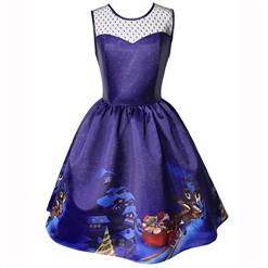Women's Round Neck Sleeveless Printed Flared Cocktail Party Christmas Dress N14995
