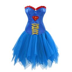 Women's Underwire Cup Plastic Boned Superwoman Corset Tulle Petticoat Set Halloween Costume N15018