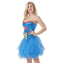 Women's Underwire Cup Plastic Boned Superwoman Corset Tulle Petticoat Set Halloween Costume N15018