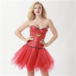 Women's 8 Plastic Boned Sequined Wonderful Woman Corset Tulle Petticoat Set Halloween Costume N15020