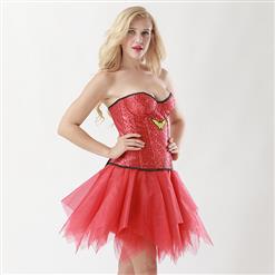 Women's 8 Plastic Boned Sequined Wonderful Woman Corset Tulle Petticoat Set Halloween Costume N15020