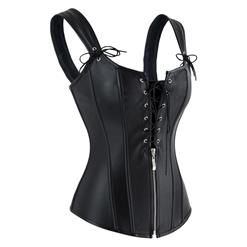 Punk Black Wet Look PU Leather 12 Plastic Boned Lace Up Vest Corset N15026