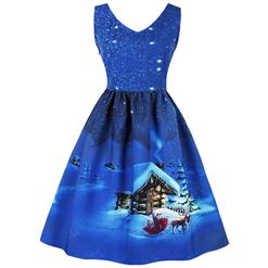 Sleeveless Christmas Dress, Christmas Swing Dress, Christmas Party Tea Cocktail Dress, Floral Print Dress, Christmas Gifts Dress, #N15034