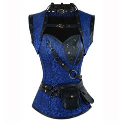 Steampunk Gothic Vintage Blue and Black Steel Boned Corset with Coat N15045