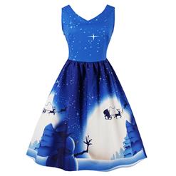 Women's V Neck Sleeveless Christmas Element Printed Flared Ball Dress N15117