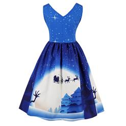 Women's V Neck Sleeveless Christmas Element Printed Flared Ball Dress N15117