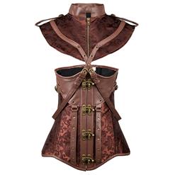 Steampunk Brown Underbust Corset, Sexy Steel Boned Corset, Hot Sale Jacquard Corset with Jacket, Women's Faux Leather Underbust Corset, Brown Vintage Underbust Corset, #N15139