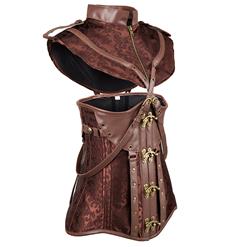 Women's Vintage Brown 16 Steel Boned Faux Leather Brocade Underbust Corset with Shrug N15139