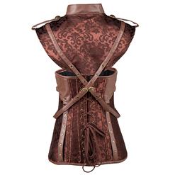 Women's Vintage Brown Steel Boned Faux Leather Jacquard Underbust Corset Skirt Set N15140