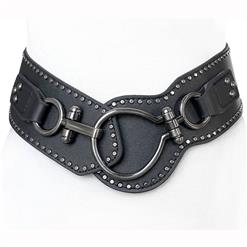 Black Vintage Punk Metal Interlock Buckle Studded Womens Elastic Wide Waist Belt Cinch N15195