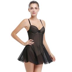 Charming Black Mesh Bar Cup High Waist Lining Babydoll Plus Size N15269