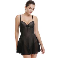 Charming Black Mesh Bar Cup High Waist Lining Babydoll Plus Size N15269