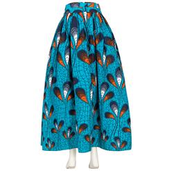 Women's Elegant Peacock Feather Print Maxi Cotton Skirt with Belt N15271