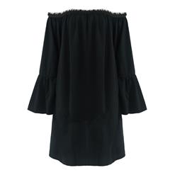 Sexy Black Ruffled Off Shoulder Long Sleeve Blouse Top Mini Dress N15317