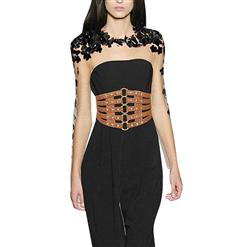 Women's Punk Faux Leather Metal Rings Rivets Decorated Girdle Wide Waist Belt N15388