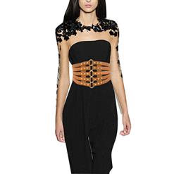 Women's Punk Faux Leather Metal Rings Rivets Decorated Girdle Wide Waist Belt N15389