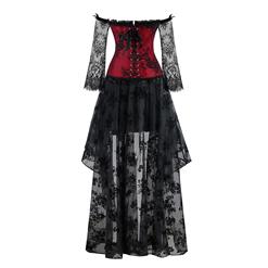Women's Fashion Plastic Boned Red Overbust Long Floral Lace Sleeve Corset Organza Skirt Set N15391