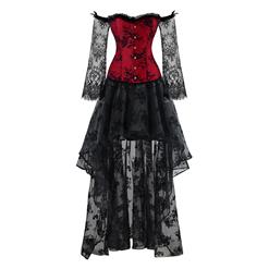 Women's Fashion Plastic Boned Red Overbust Long Floral Lace Sleeve Corset Organza Skirt Set N15391