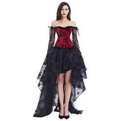 Women's Fashion Plastic Boned Red Overbust Long Floral Lace Sleeve Corset Organza Skirt Set N15391