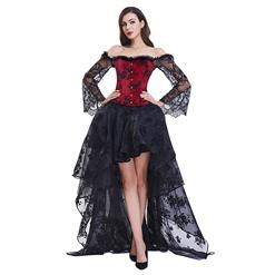 Women's Fashion Plastic Boned Red Overbust Long Floral Lace Sleeve Corset Organza Skirt Set N15391