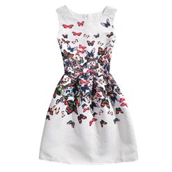 Little Girls' Vintage White Sleeveless A-Line 50's Butterfly Print Playwear Swing Dress N15472