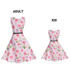 Vintage Sleeveless Round Collar Flower Print Mother and Daughter Family Matching Dress N15474