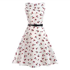 Girl's Vintage Cherry Print Sleeveless Round Collar Swing Dress N15481
