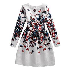 Girl's Vintage Long Sleeve Round Collar Butterfly Print A-Line Dress N15498