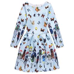 Girl's Vintage Blue Long Sleeve Round Collar Butterfly Cartoon People Print A-Line Dress N15501
