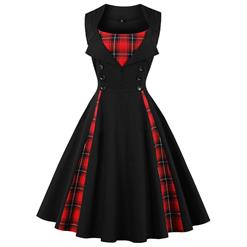 Women's Vintage Tartan Plaid Patchwork Sleeveless Casual Cocktail Dress N15504