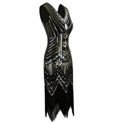 1920s Black Sleeveless V Neck Sequin Inspired Cocktail Fringed Flapper Dress N15514