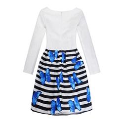 Girl's Vintage Stripe Blue Butterfly Print Long Sleeve Round Collar A-Line Dress N15523